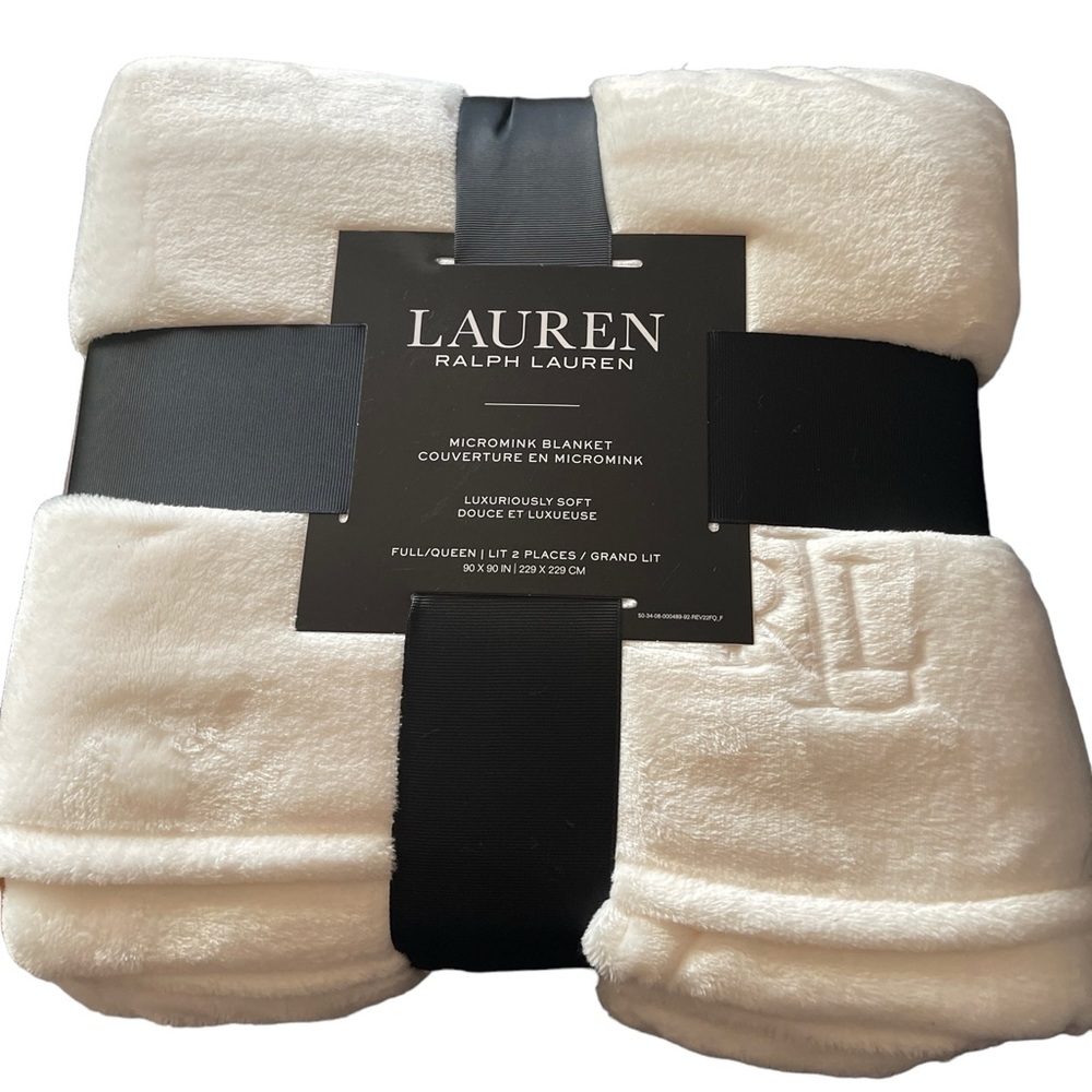 Lauren Ralph Lauren Micromink Cream American Beauty FullQueen Blanket 90x90" NWT